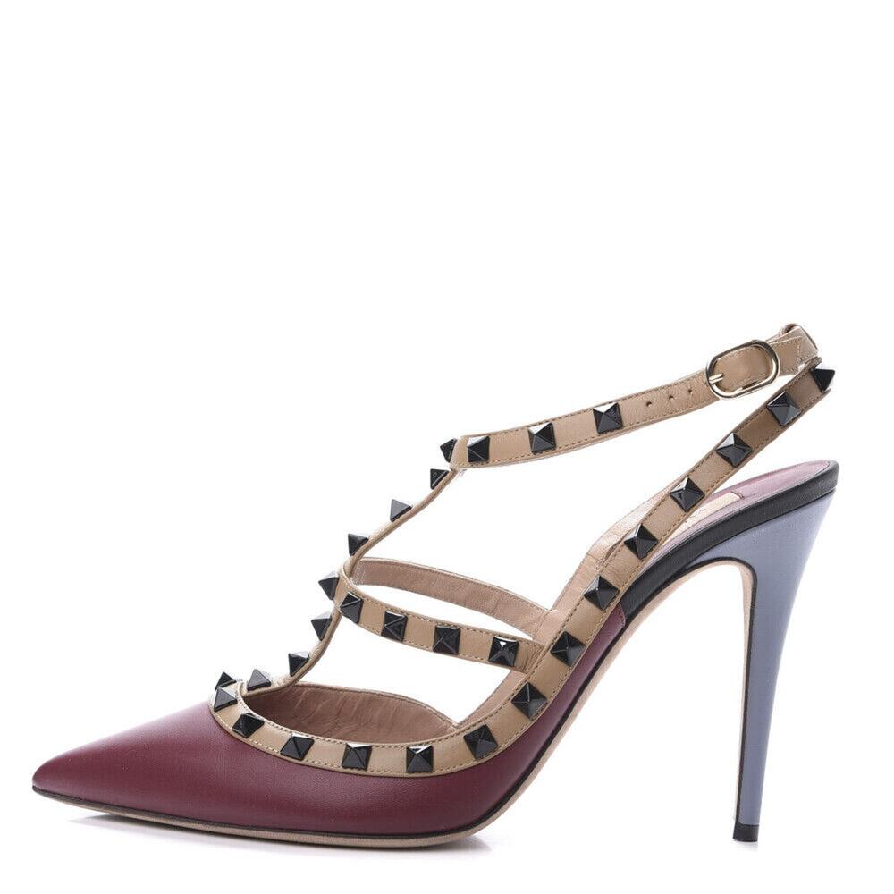 Valentino Garavani Rockstud Stiletto Heel Caged Pumps 39 Red Tan Blue